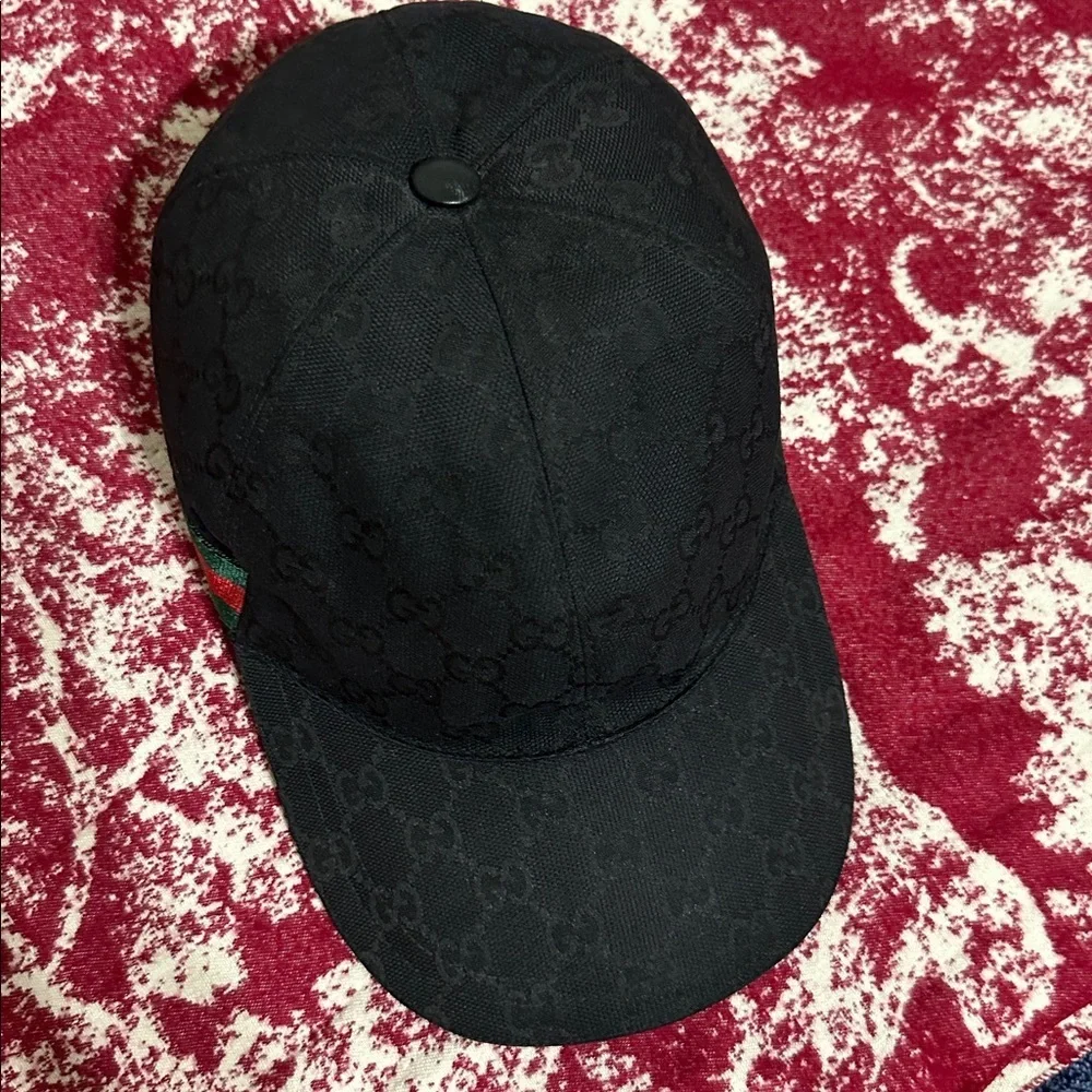 Gucci Black GG Monogram Baseball Cap with Signature Sherry Line
